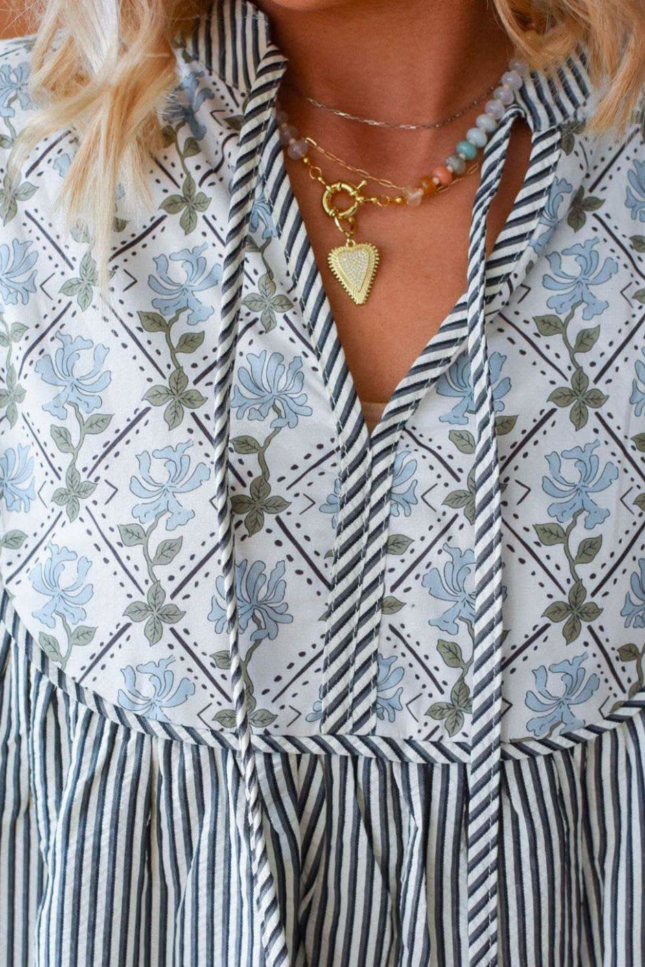 Tied Floral Printed Striped Long Sleeve Dress - SwagglyLife Home & Fashion